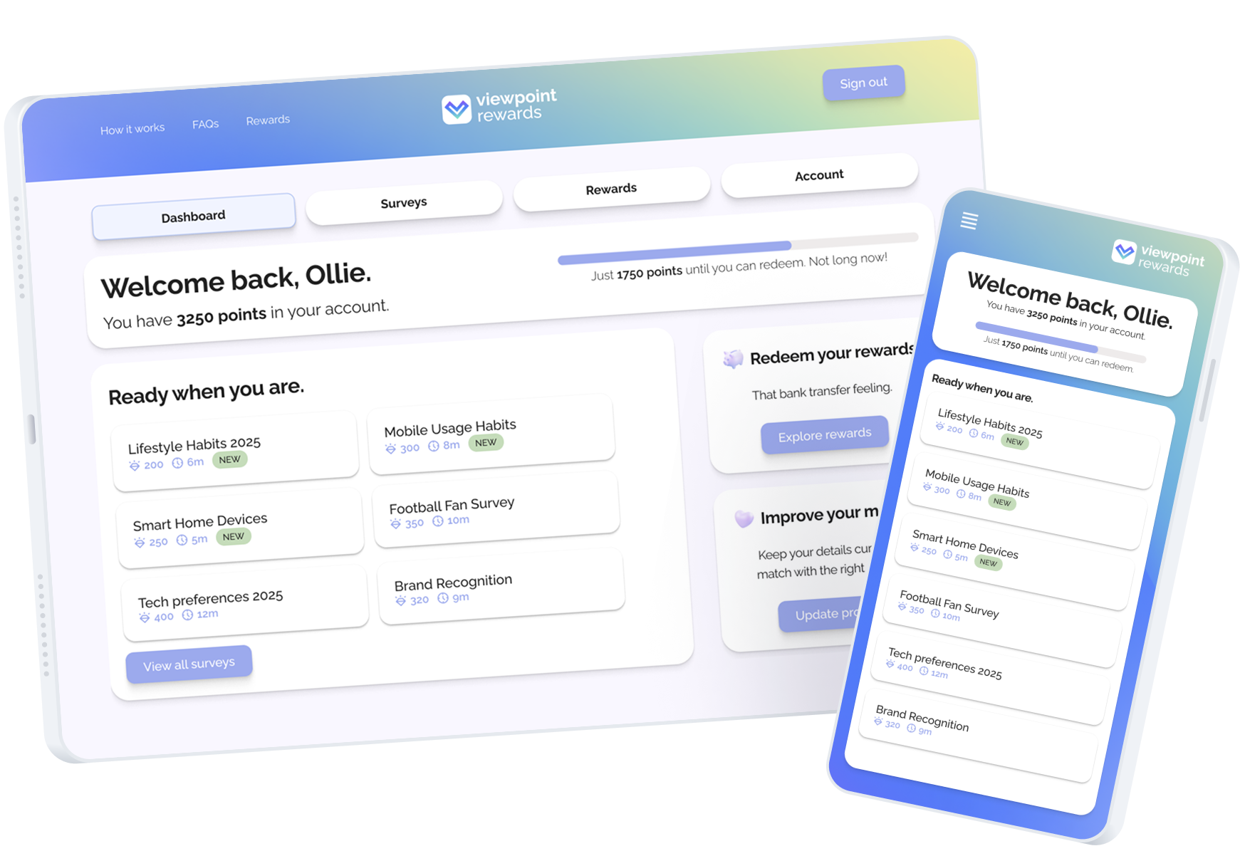 Dashboard interface preview showing survey rewards and account details